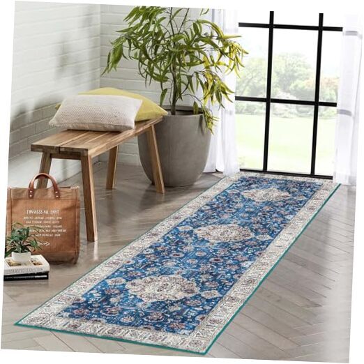 Boho Vintage Washable Runner Rug 2x6 Feet in Blue & Multi Colors Boho Vintage Washable Runner Rug 2x6 Feet in Blue & Multi Colors