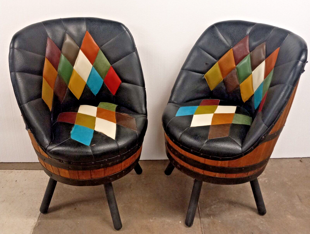 Brothers Patchwork Whiskey Barrel Chairs – Mid-Century Pair