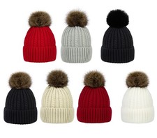 Women Fleece Beanie Hat Cap Knit Plain Solid Winter Warm Hat with Faux Fur Pom