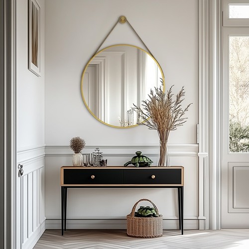 Round Bathroom Mirror Wall Hanging Vanity Mirrors with Strap,Metal Frame Decor - Picture 11 of 33