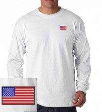 USA American Flag Logo EMBROIDERED White Long Sleeve Heavy Cotton T-Shirt