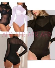Ladies Womens Mesh Polo Sheer Turtle Neck High Neck Long Sleeve Leotard Bodysuit