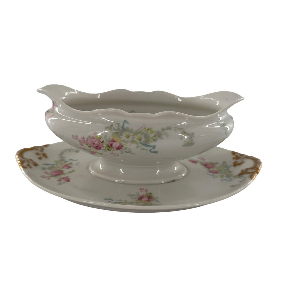 Theo Haviland Limoges Gold Roses Gravy Boat Underplate Discontinued