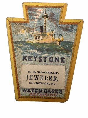 VICTORIAN JEWELER S TRADE CARD KEYSTONE WATCH CASES NT WORTHLEY BRUNSWICK ME B65