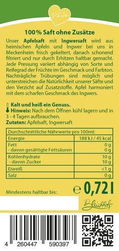 BLEICHHOF® Apfelsaft mit Ingwersaft - Direktsaft, vegan (3x 0,72l) - Picture 3 of 6