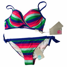 New NWT Boden Swimsuit Bikini 2 Piece Pink Green Purple Stripe Padded 38B US 8