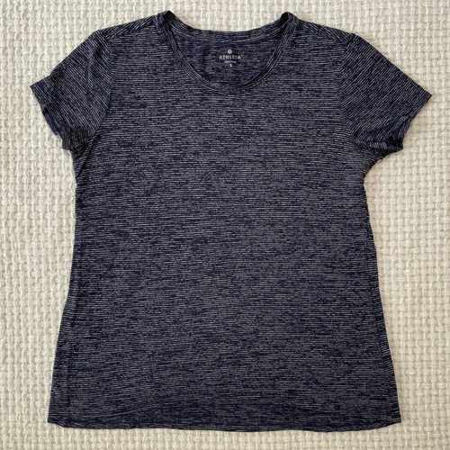 Athelta Knit Top Short Sleeve Tee Womens Small Crew Neck Navy Blue Striped