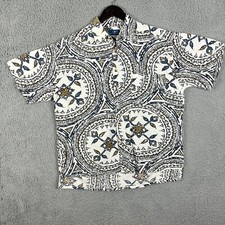 Hawaiian Shirt Men's L White Blue Tribal All Over Print Beach Loose Vacation