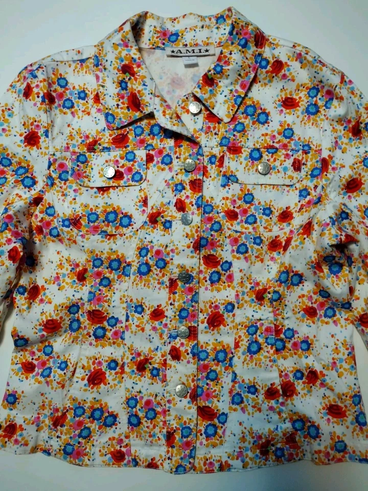Chaqueta AMI Para Mujer Grande Naranja Azul Estampado Floral Manga Larga Botones Delanteros Foto 3 de 4