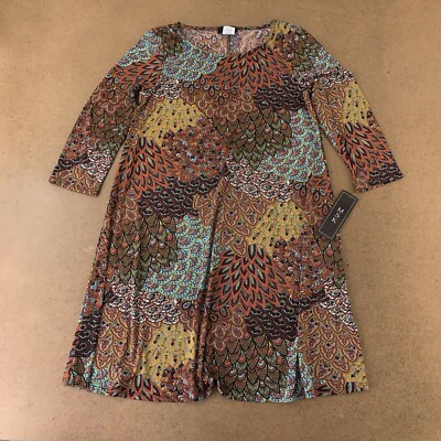 MSK Womens Shift Dress Brown Blue Feather Print Jewel Neck 3/4