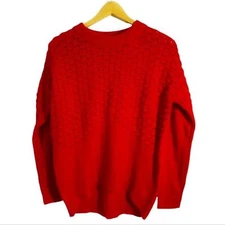 Ariana Red Pom Pom Drop Shoulder Ribbed Trim Sweater, Size Medium