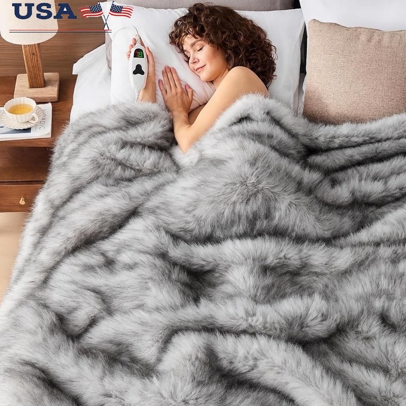 Luxury Faux Fur Heated Blanket Cozy Soft Electric Throw Wint