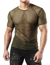 JOGAL Men's Mesh Fishnet Fitted Short Sleeve Muscle Top XX-Large, Armygreen