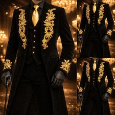 Black Men's Suit Luxury Gold Applique Wedding Groom Tuxedo Party Wear Long Coat