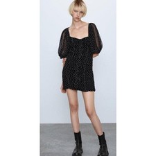 NWT Zara Tulle Dot Dress Black & White Polka Dot Ruched Dress Size S