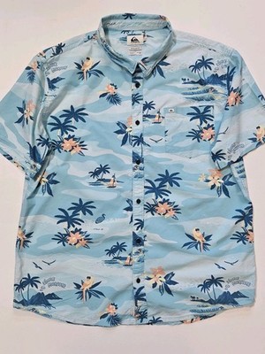 Quicksilver Button Down Shirt Mens XXL Regular Fit Blue Tropical Palm Button