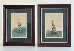 Lot de deux tableaux gravures aquarelle golf golfeur