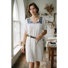 Old Navy Shift Dress Women XL White Good Embroidered Linen Blend Boho Mini