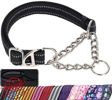 Black Martingale Dog Collar, Reflective, Padded, Steel Chain L