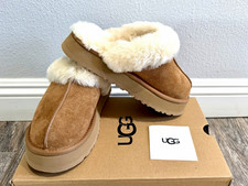 UGG Disquette Women's Suede Sheepskin Lined Slip-On Slippers Rubber Sole 8