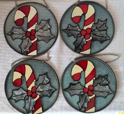 4 Candy Cane and Holly Stained Glass Suncatcher Christmas Regent Products New 