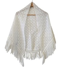 Vintage Crochet Fringe Shawl Ivory Bridal Wrap Boho Wedding Cottagecore