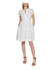 CALVIN KLEIN Womens White Back Tie Short Sleeve Split Shift Dress 6