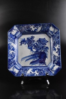 R8403: Japanese Old Imari ware Blue&White Flower Muffle SQUARE PLATE/dish auto