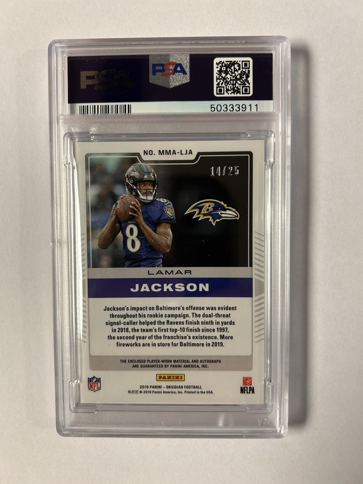 2019 Obsidian Lamar Jackson  Card  Matrix Materails Auto /25 PSA 10 POP 2 view 2