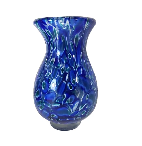 Vtg Hand Blown Art Glass Murano Style Vase Blue Green Swirl Heavy Pedestal 5.5”