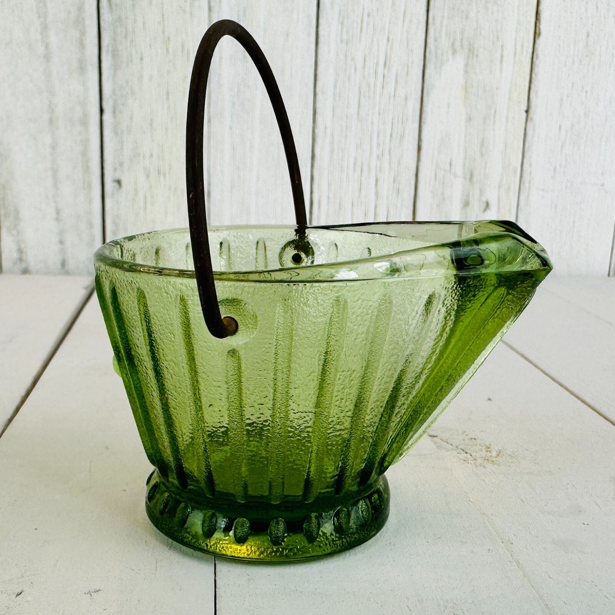 Vintage Antique Ashtray Depression Glass Green Bucket Spout Metal