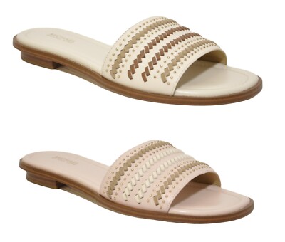 Michael Kors Deanna Whipstitch Leather Slide Open Toe Sandal Cream/Pink  $175 Nib
