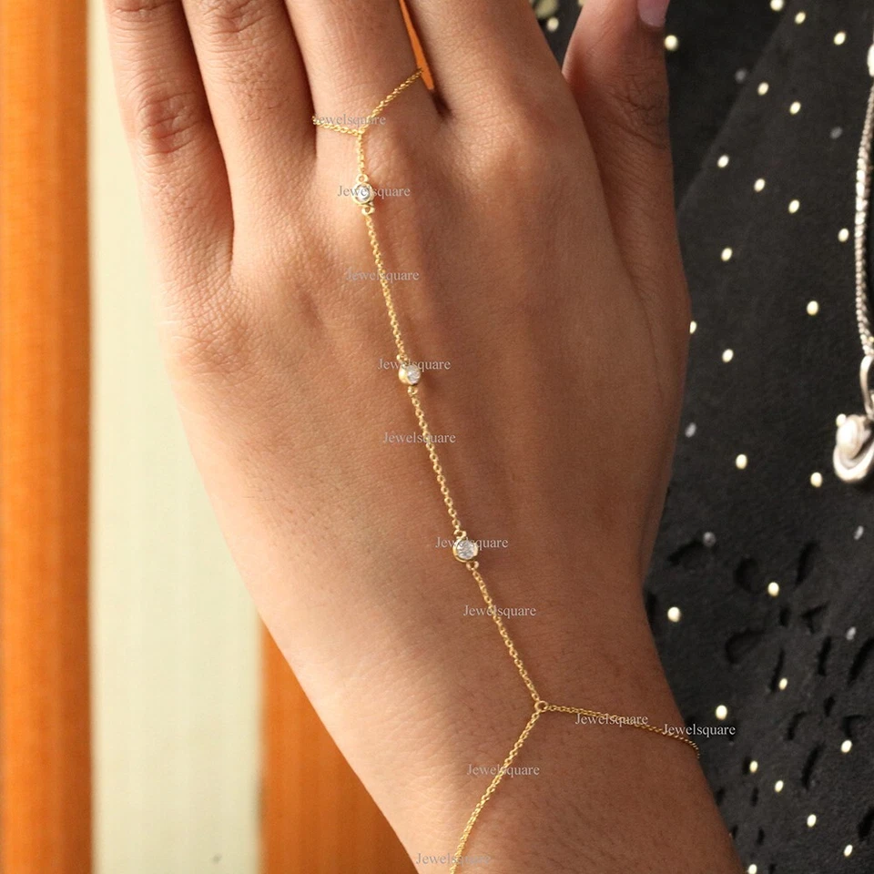 Pulsera de oro de 14 k con anillo lleno de esclavos de cadena delicada de diamantes Foto 3 de 4