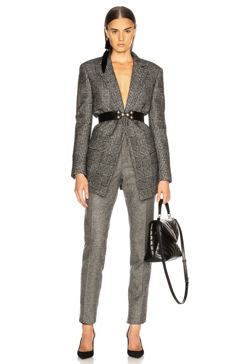 Blazer aperto Saint Laurent Paris donna lana a scacchi nero e gesso F46