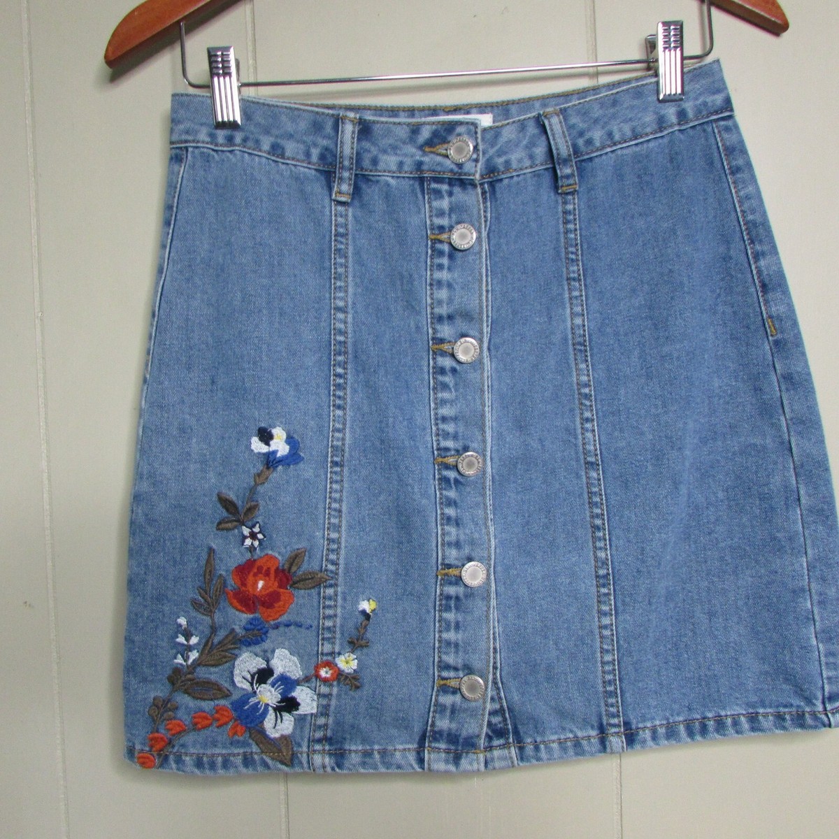 Blu Pepper Denim Skirt S Button Up Floral Embroidery | eBay
