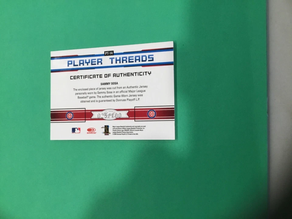 2004 Leaf Limited Player Threads Jersey Number /100 Sammy Sosa #PT-14 - Image 2 of 2