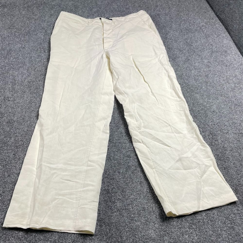 Men's White Linen Pant Straight Leg Button Closure Slim Pockets Size W33 L36