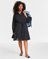 On 34th Plus Size Long-Sleeve Belted Shirtdress Deep Black SZ 3X
