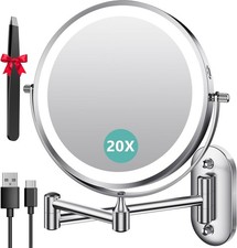 1X/20X Wall Mounted Makeup Mirror with Light, 8" Rechargeable Double-Sided Magni