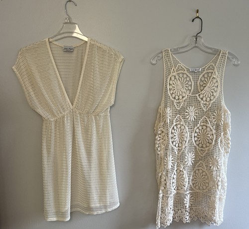 Set Of 2 Crochet Swim Cover Up Blue Island Jordan Taylor Cream Large Beach Boho