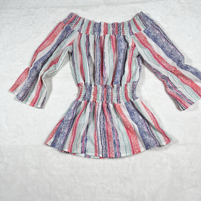 Womens Striped Babydoll Medium Top Blouse Smocked Boho Hippie Y2K Fairycore