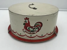 Vintage 1950s DecoWare Red & Cream Metal Cake Tin Carrier Rooster