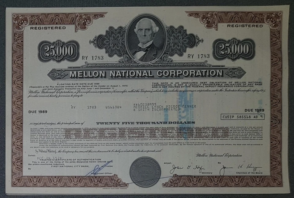 43 X Mellon National Corporation Floating Rate Note due 1989 25.000 USD - Bild 1 von 1