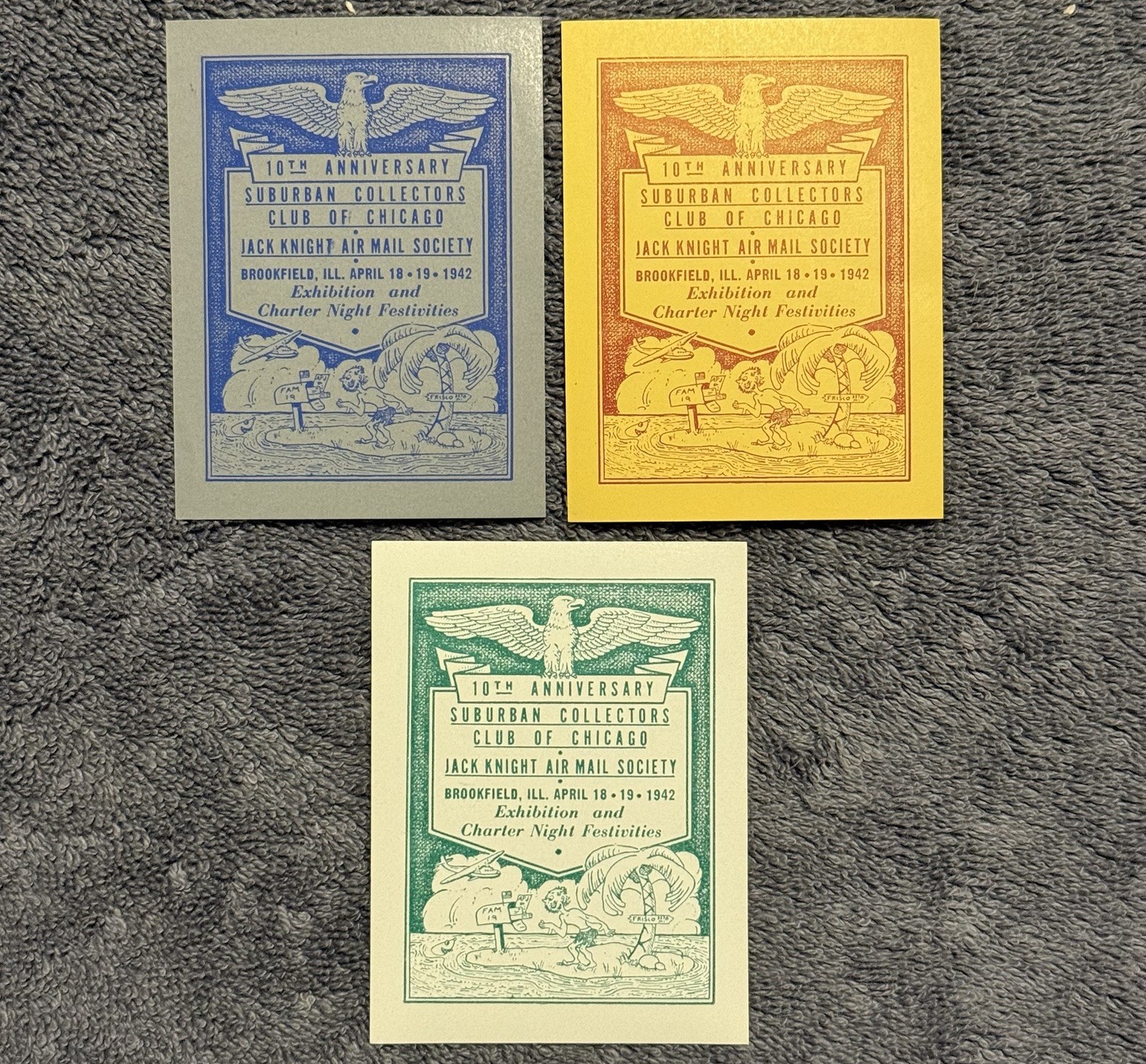 1942 Jack Knight Air Mail Society Chicago Cinderella Labels Set of 3 Colors Rare
