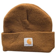 Carhartt Hat Beanie Youth One Size Brown Knit Patch Acrylic Cuffed Made USA