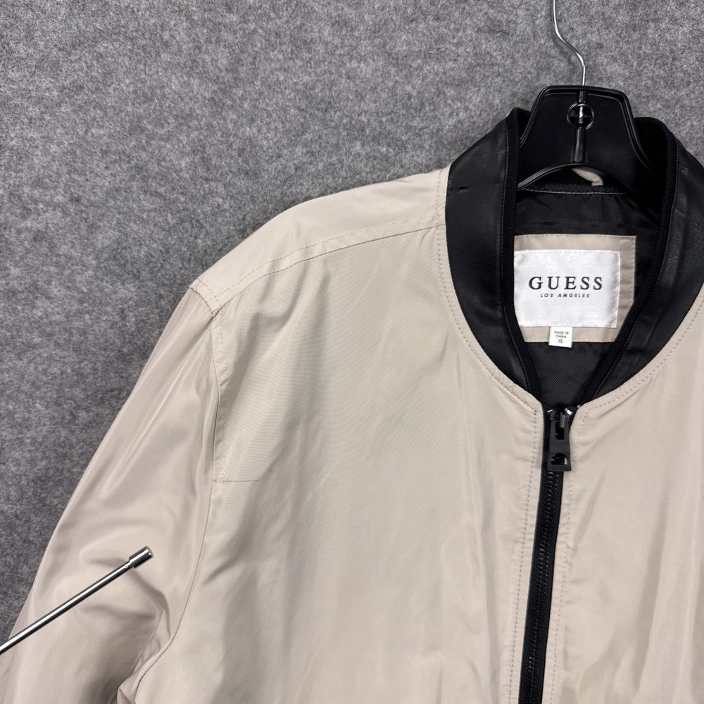 Guess Bomber Jacket XL Beige Black Polyester Faux Leather Trim Full Zip Street - product detail image 7