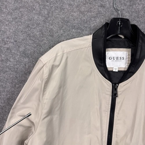 Guess Bomber Jacket XL Beige Black Polyester Faux Leather Trim Full Zip Street image 7