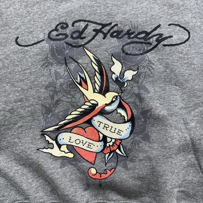 Ed Hardy Gray Cropped Sweatshirt Tattoo Graphic True Love Logo Y2K