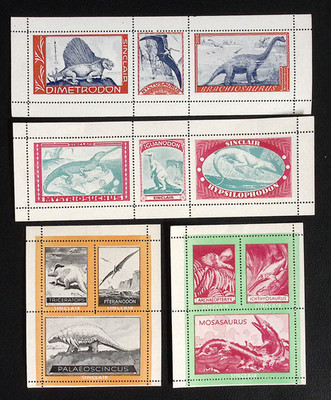 Sinclair Dinosaur Stamps for Album 1938 4 Sheets Dimetrodon Iguanodon Mosasaurus