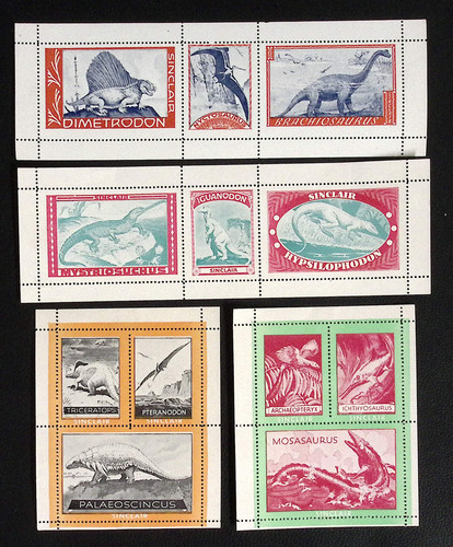 Sinclair Dinosaur Stamps for Album 1938 4 Sheets Dimetrodon Iguanodon Mosasaurus